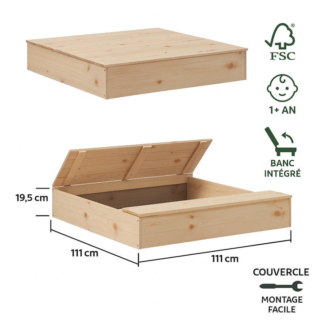 Bac à sable en bois massif avec couvercle – Éveil Montessori pour enfants de 1 à 6 ans au jardin - JouetApprends
