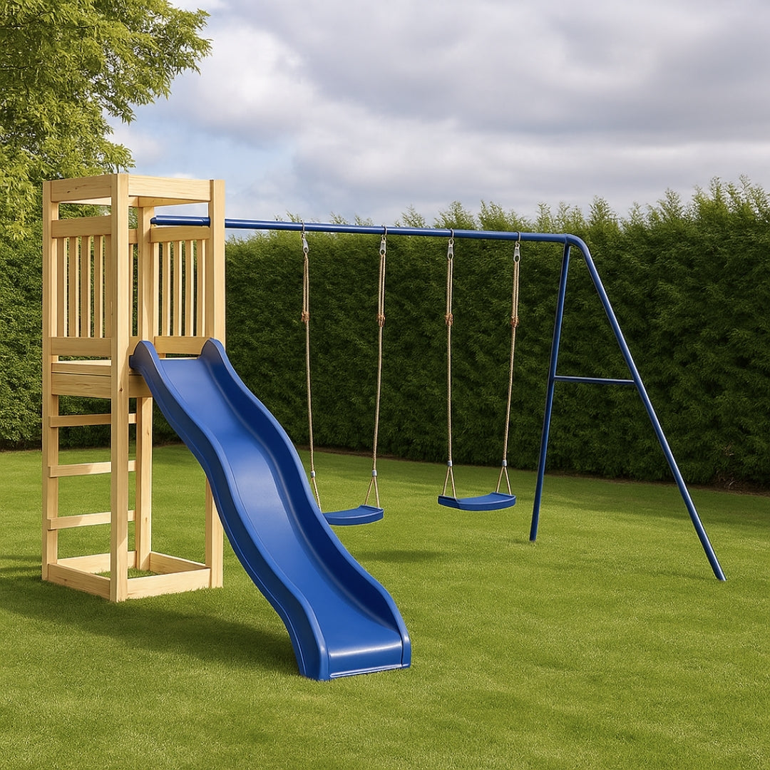 Balançoire double avec Toboggan et Echelle d’escalade – Enfant 3-8 ans - Aire de jeux Montessori sécurité & joie au jardin - Livraison Octobre 2025 - JouetApprends