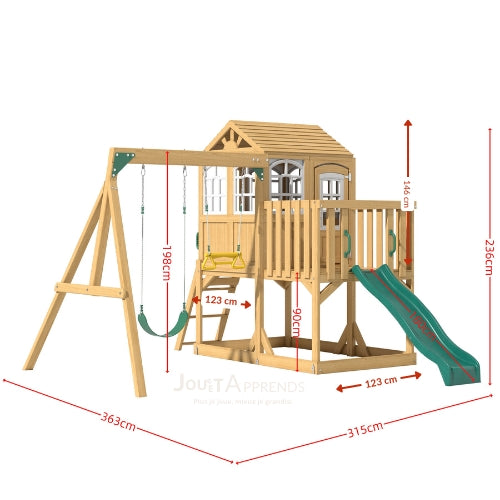 Aire de jeux enfant Montessori - 3 en 1 Balançoire, Toboggan, Cabane en bois modulable - JouetApprends