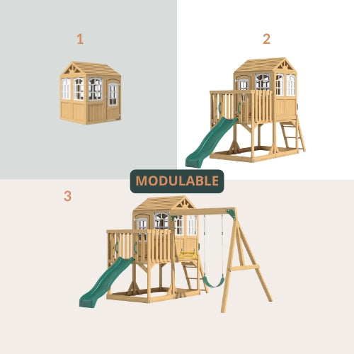 Aire de jeux enfant Montessori - 3 en 1 Balançoire, Toboggan, Cabane en bois modulable - JouetApprends