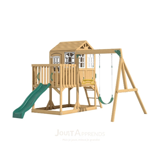 Aire de jeux enfant Montessori - 3 en 1 Balançoire, Toboggan, Cabane en bois modulable - JouetApprends
