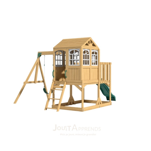 Aire de jeux enfant Montessori - 3 en 1 Balançoire, Toboggan, Cabane en bois modulable - JouetApprends