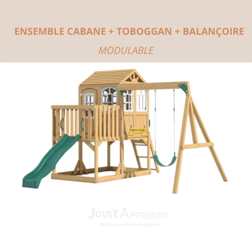 Aire de jeux enfant Montessori - 3 en 1 Balançoire, Toboggan, Cabane en bois modulable - JouetApprends