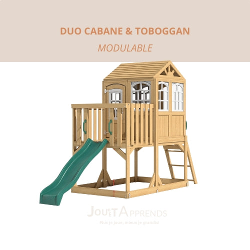 Aire de jeux enfant Montessori - 3 en 1 Balançoire, Toboggan, Cabane en bois modulable - JouetApprends