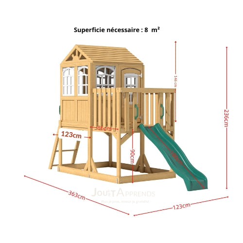 Aire de jeux enfant Montessori - 3 en 1 Balançoire, Toboggan, Cabane en bois modulable - JouetApprends