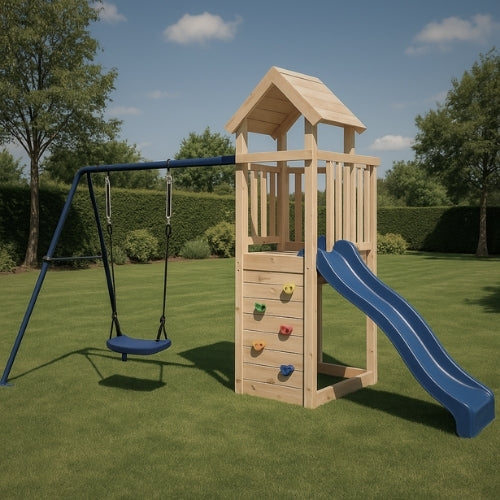 Aire de jeux extérieur en bois pour enfant 3-8 ans – Balançoire + Toboggan + Mur d’escalade - Livraison Rapide - JouetApprends