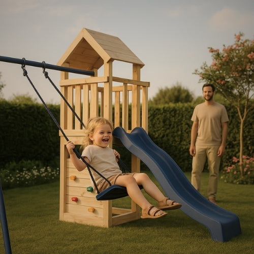 Aire de jeux extérieur en bois pour enfant 3-8 ans – Balançoire + Toboggan + Mur d’escalade - Livraison Rapide - JouetApprends