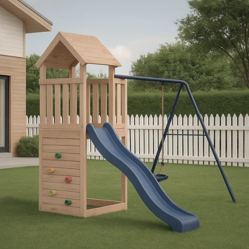 Aire de jeux extérieur en bois pour enfant 3-8 ans – Balançoire + Toboggan + Mur d’escalade - Livraison Rapide - JouetApprends