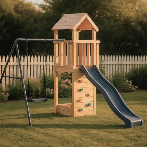 Aire de jeux extérieur en bois pour enfant 3-8 ans – Balançoire + Toboggan + Mur d’escalade - Livraison Rapide - JouetApprends