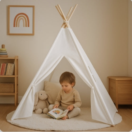 Tipi enfant Montessori en bois blanc avec fenêtre et sac - Tente chambre 3-7 ans - JouetApprends