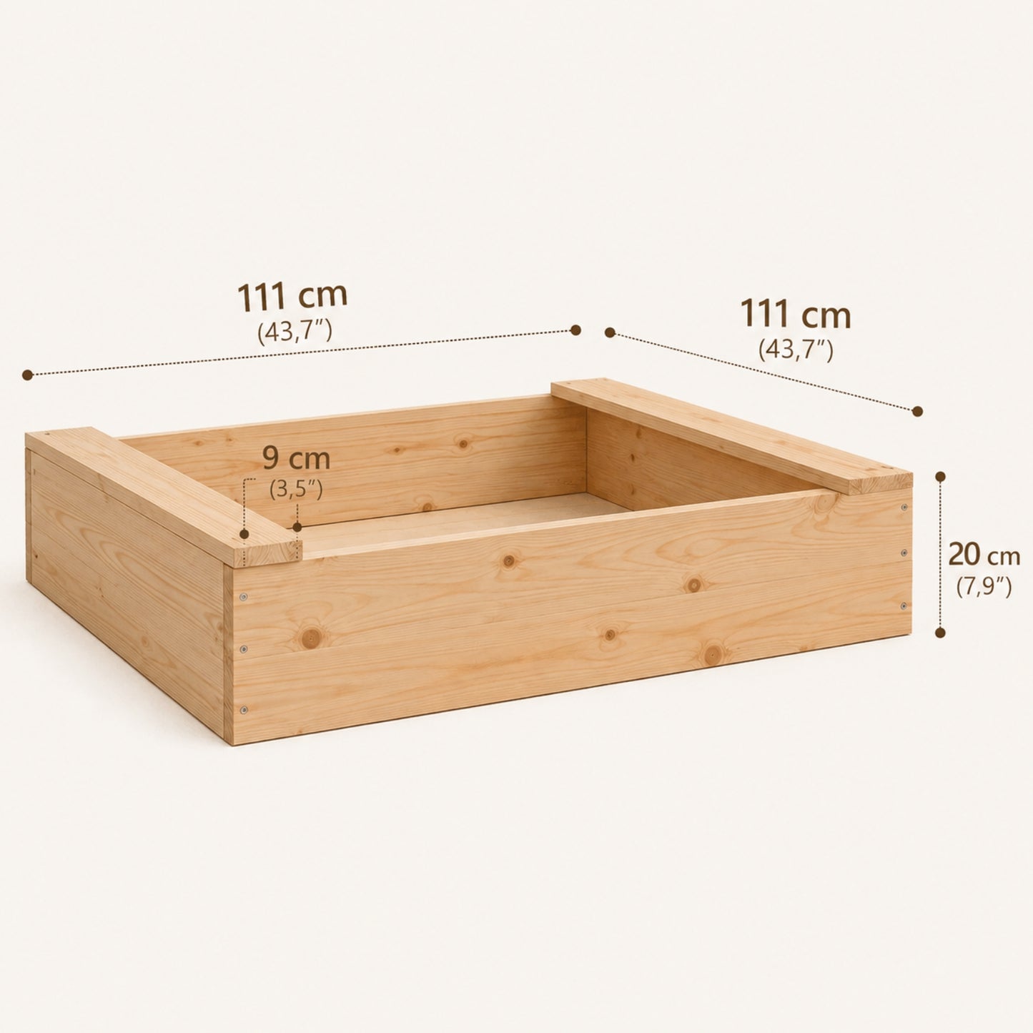 Bac à sable en bois massif | Pin naturel avec 2 rebords d'assise | pour Enfant 2-8 ans - Livraison rapide