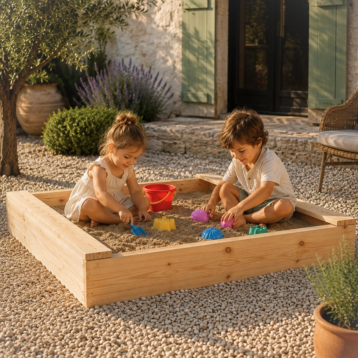 Bac à sable en bois massif | Pin naturel avec 2 rebords d'assise | pour Enfant 2-8 ans - Livraison rapide