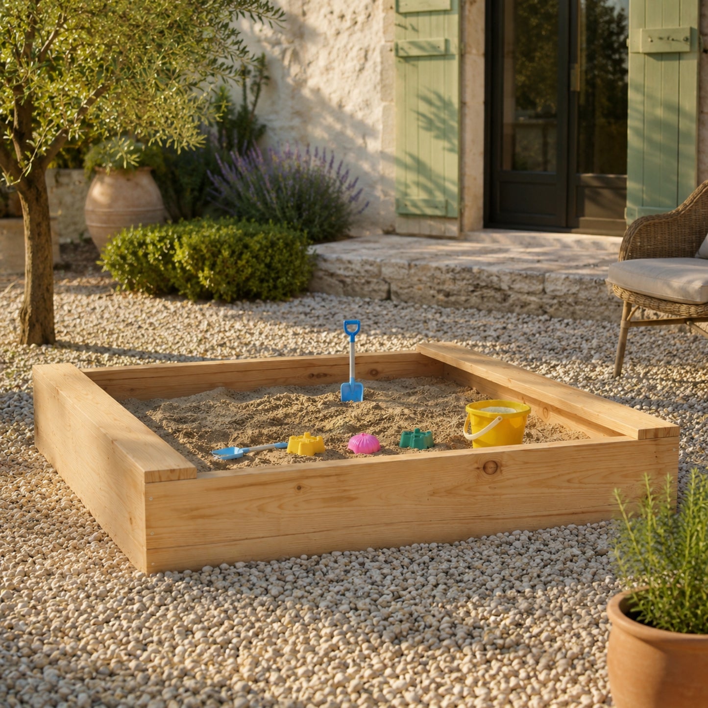 Bac à sable en bois massif | Pin naturel avec 2 rebords d'assise | pour Enfant 2-8 ans - Livraison rapide
