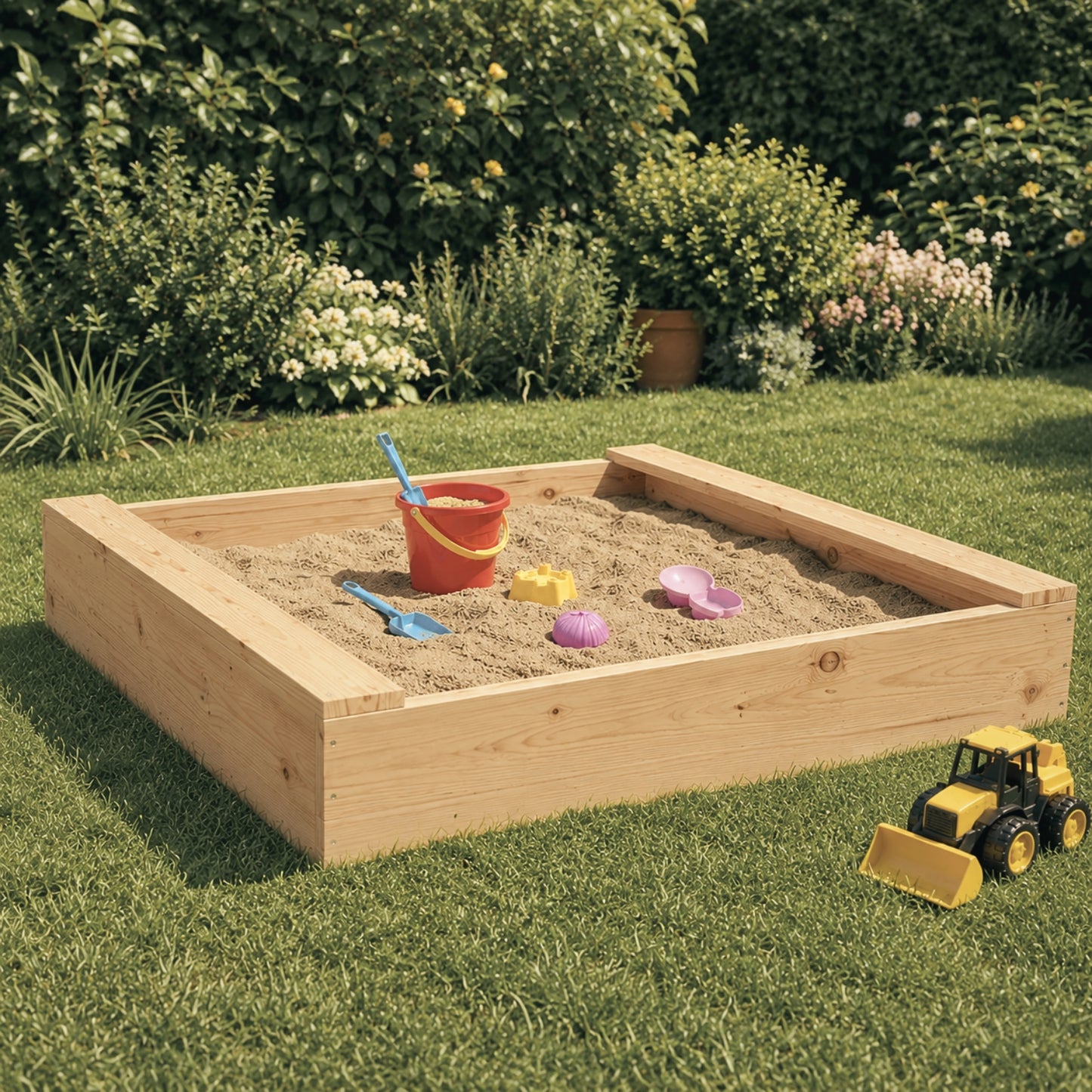 Bac à sable en bois massif | Pin naturel avec 2 rebords d'assise | pour Enfant 2-8 ans - Livraison rapide
