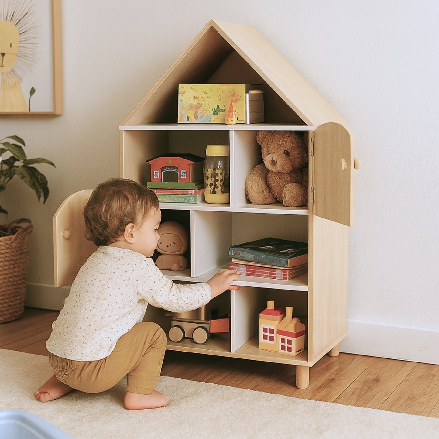 Bibliothèque enfant Montessori maison - Meuble de rangement jouets & livres - avec 2 portes - bois - Design maison de poupée - JouetApprends