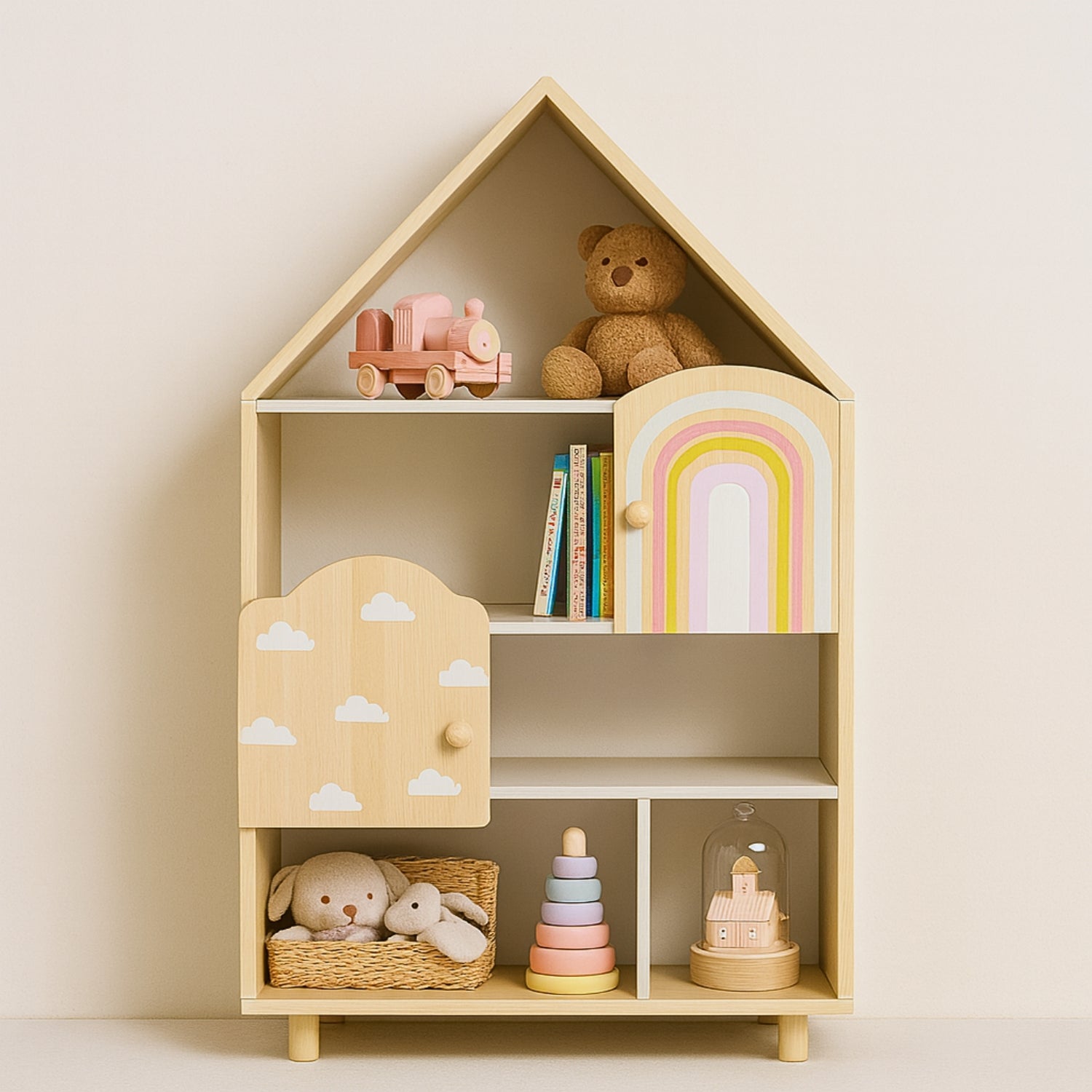 Bibliothèque enfant Montessori maison - Meuble de rangement jouets & livres - avec 2 portes - bois - Design maison de poupée - JouetApprends