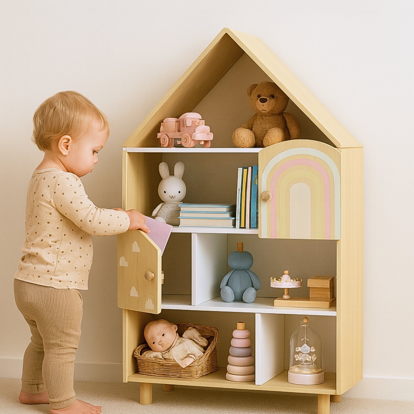 Bibliothèque enfant Montessori maison - Meuble de rangement jouets & livres - avec 2 portes - bois - Design maison de poupée - JouetApprends