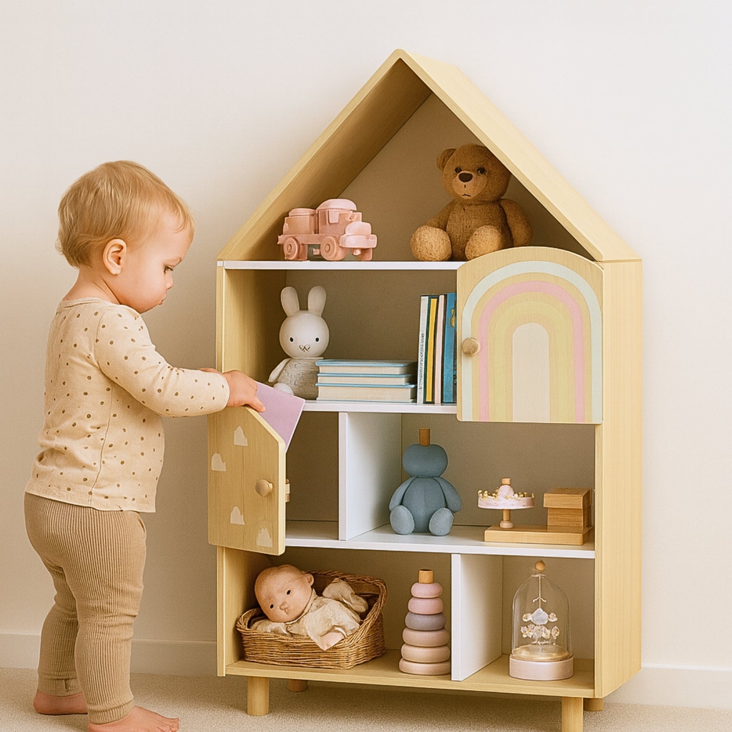 Bibliothèque enfant Montessori maison - Meuble de rangement jouets & livres - avec 2 portes - bois - Design maison de poupée - JouetApprends