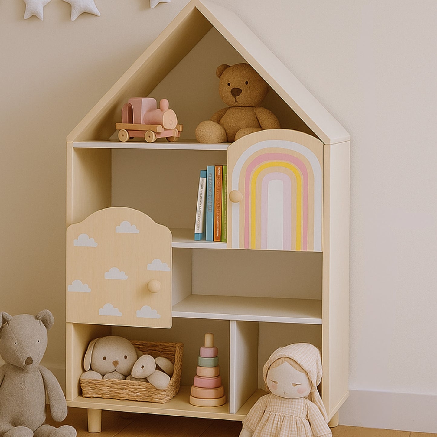 Bibliothèque enfant Montessori maison - Meuble de rangement jouets & livres - avec 2 portes - bois - Design maison de poupée - JouetApprends