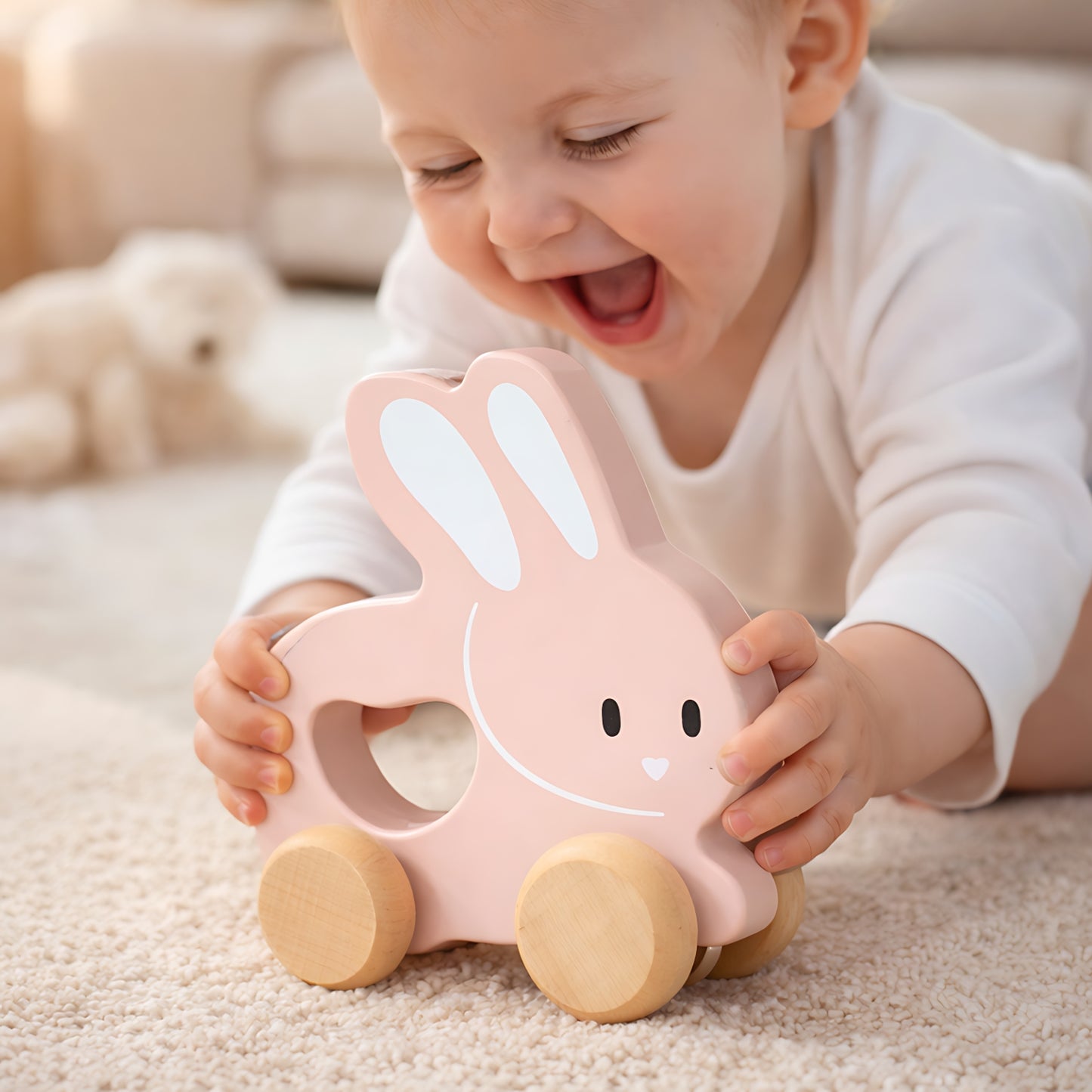 Petit Lapin rose à pousser en bois - Jouet bébé Montessori dès 1 an - JouetApprends