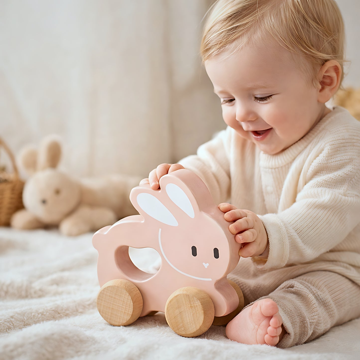 Petit Lapin rose à pousser en bois - Jouet bébé Montessori dès 1 an - JouetApprends