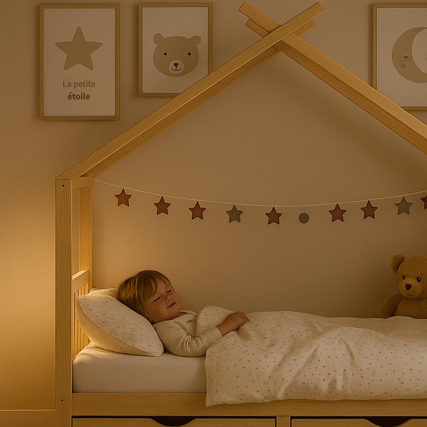 Lit Cabane Montessori en Bois de Pin Massif 90x200 cm avec 2 Tiroirs de Rangement - Cocon naturel & nuits paisibles - JouetApprends