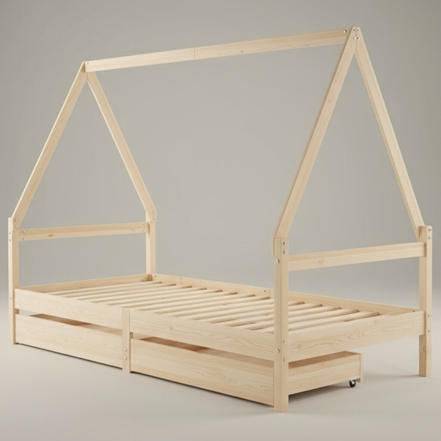 Lit Cabane Montessori en Bois de Pin Massif 90x200 cm avec 2 Tiroirs de Rangement - Toit Maison - JouetApprends