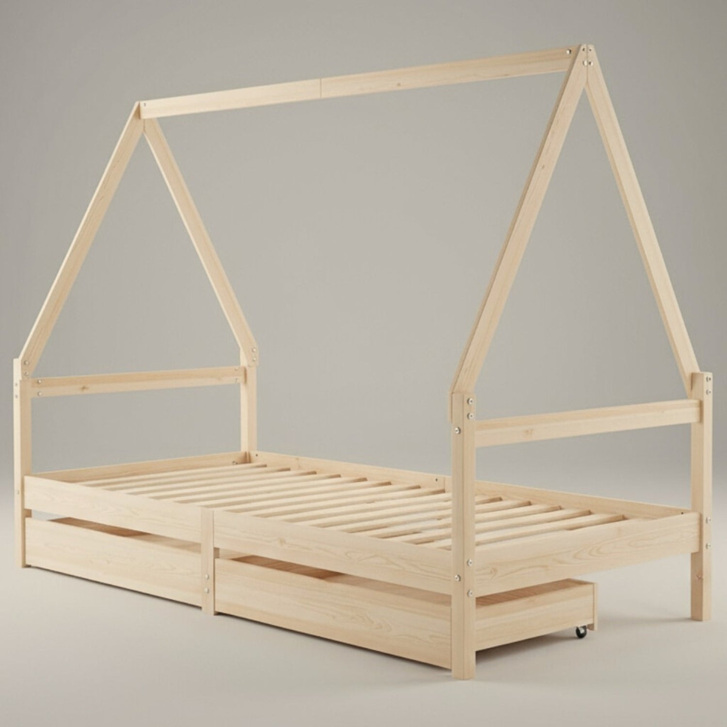 Lit Cabane Montessori en Bois de Pin Massif 90x200 cm avec 2 Tiroirs de Rangement - Toit Maison - JouetApprends