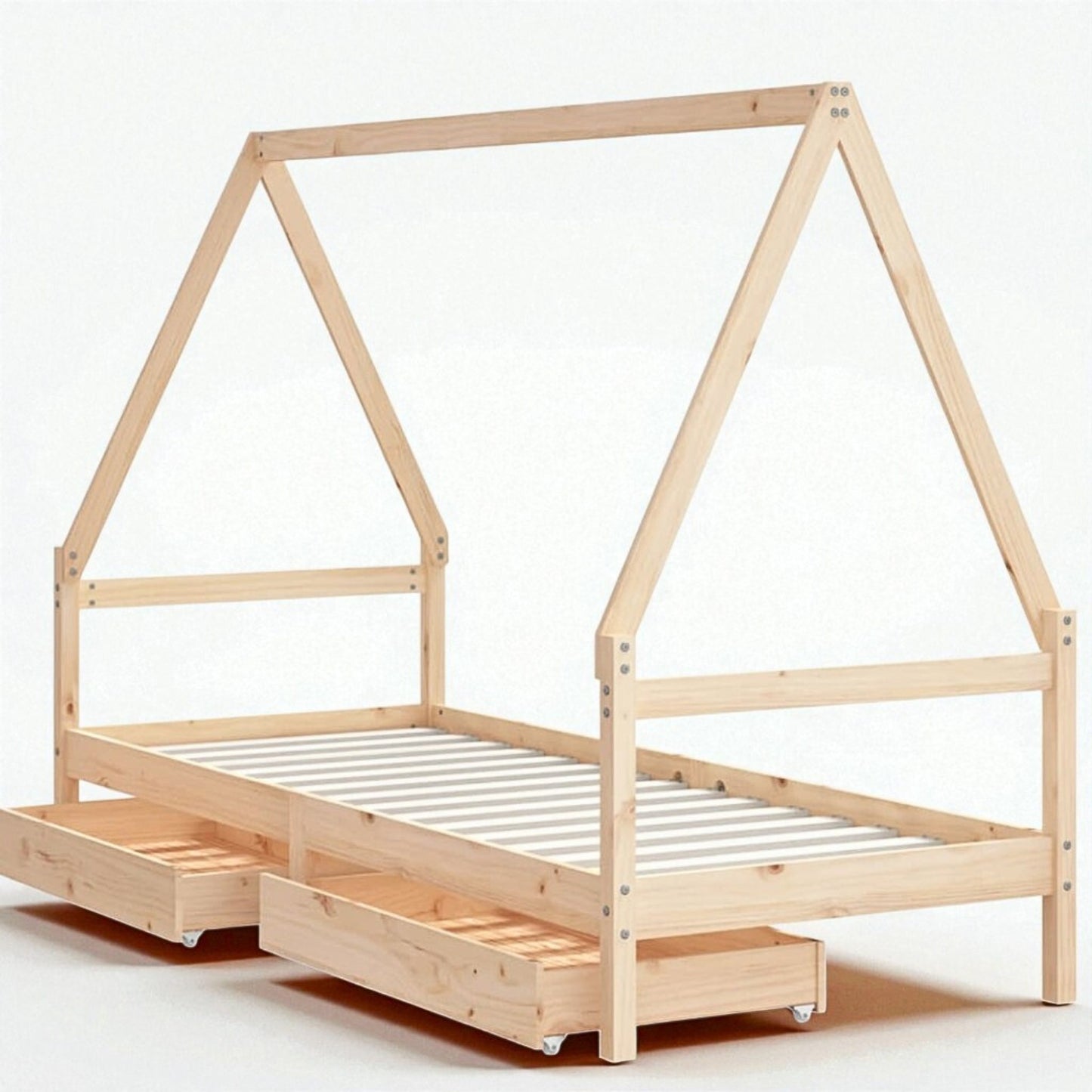 Lit Cabane Montessori en Bois de Pin Massif 90x200 cm avec 2 Tiroirs de Rangement - Toit Maison - JouetApprends