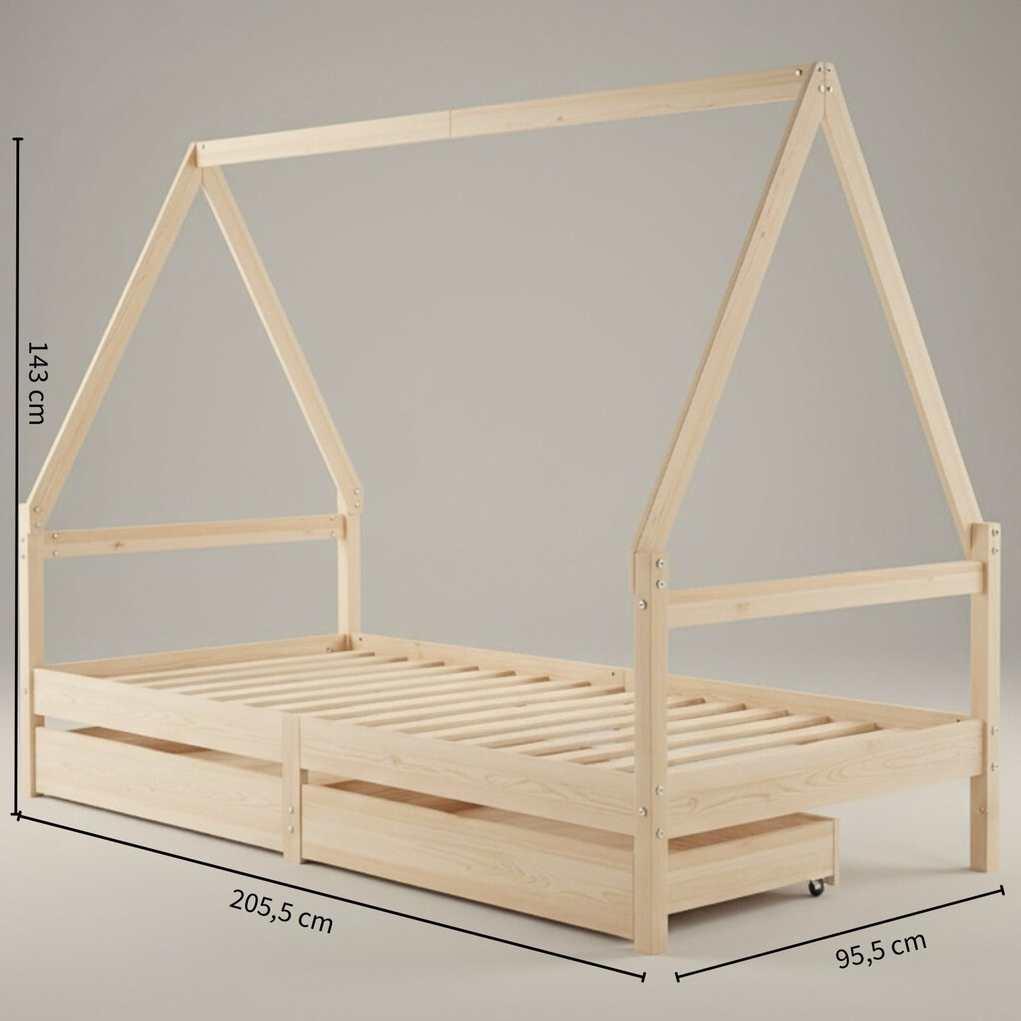 Lit Cabane Montessori en Bois de Pin Massif 90x200 cm avec 2 Tiroirs de Rangement - Toit Maison - JouetApprends