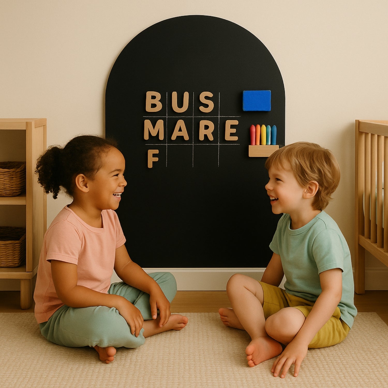 Tableau magnétique enfant Montessori : écrire, lire, jouer — Lettres Alphabet magnétiques en bois, 6 Craies pastel, Jeu memory 44 mots - JouetApprends