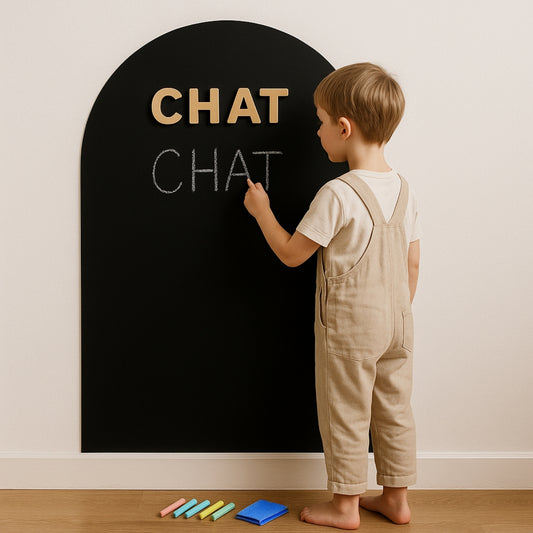 Tableau magnétique enfant Montessori : écrire, lire, jouer — Lettres Alphabet magnétiques en bois, 6 Craies pastel, Jeu memory 44 mots - JouetApprends